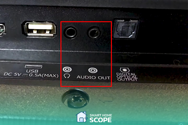 The AUX output port is labeled with a headphone icon and the RCA output is labeled with "Audio-Out" or "Line-Out".