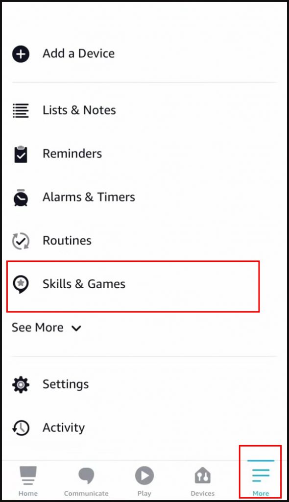 Tap on More and then choose Skills and Games in the Alexa app.