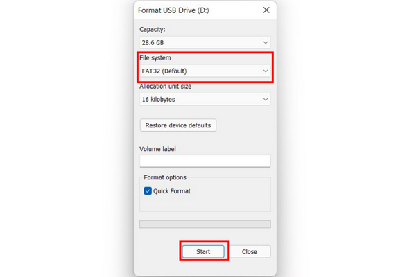 Format your USB by choosing "format", setting it to FAT32 or exFAT, and then selecting "start".